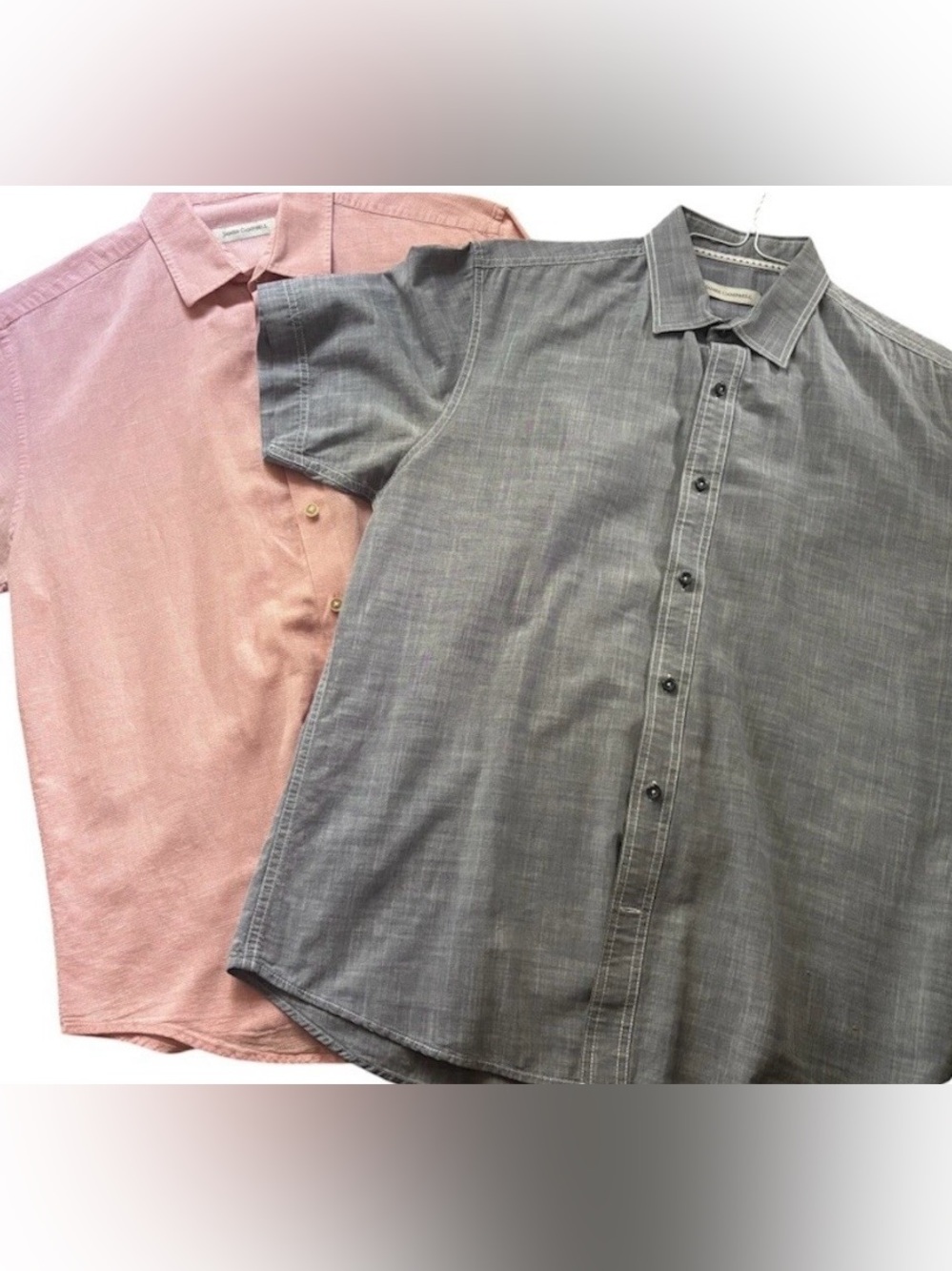 Lot of 2 JAMES CAMPBELL Chambray & Pink Button Down Shirts Short Sleeve size L